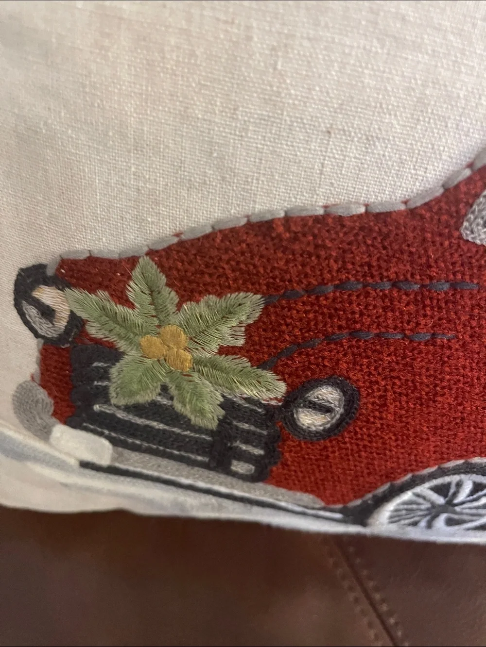 Pier 1 Red Truck Holiday Pillow with Green Tree and Script